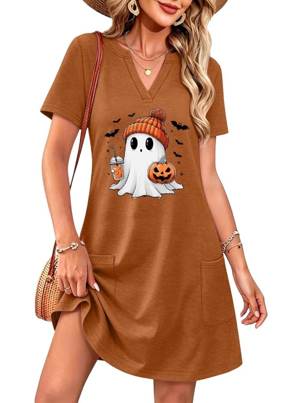 🆕Women's Halloween Cute Ghost V-Neck Short Sleeve Brown Dress Pockets